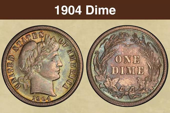 1904 Barber Dime obverse and reverse showing Liberty portrait and wreath design