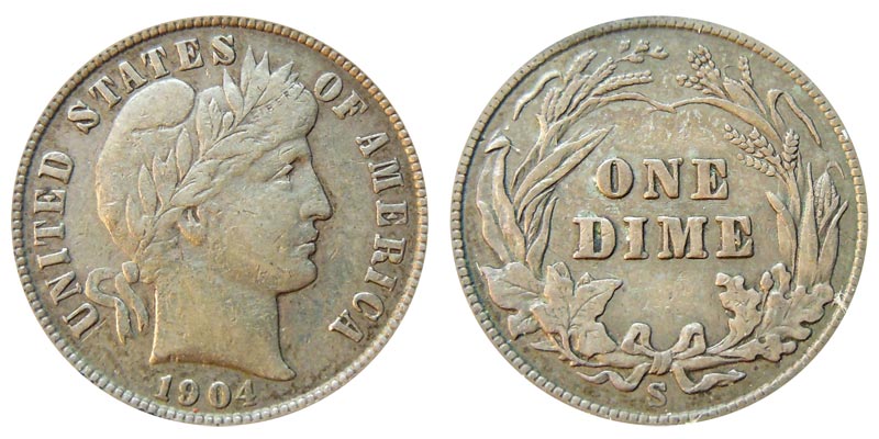 Side-by-side comparison of 1904-P and 1904-S Barber Dime reverses showing mint mark location