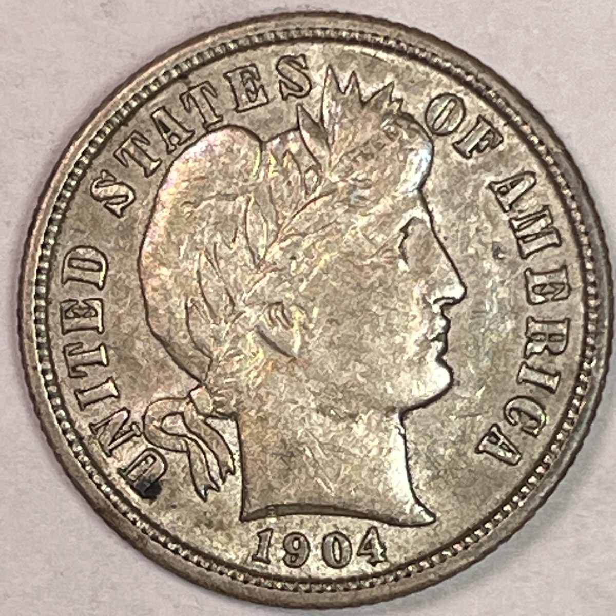 1904 Barber Dime die clash error showing faint reverse wreath outline in obverse field