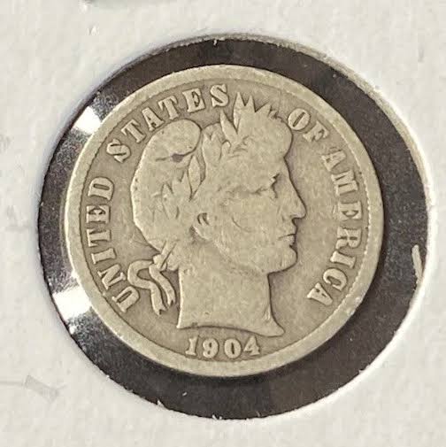 1904 Barber Dime repunched date error showing doubling on numerals close-up
