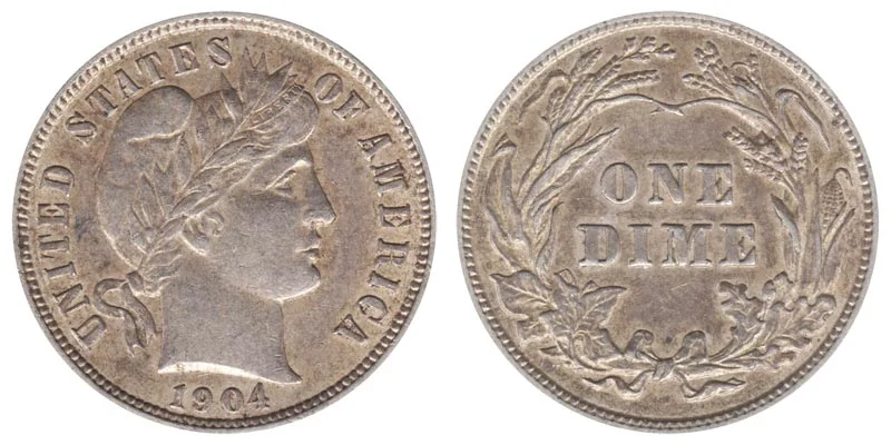 Historical view of the Philadelphia Mint or group of 1904 Barber Dimes showing grade range