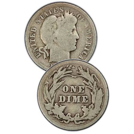 Grading strip of 1904 Barber Dimes showing four condition tiers from Good to Mint State